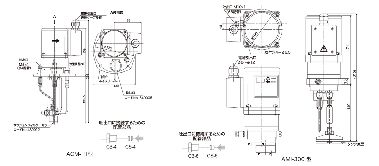 ACM-II · AMI-300 · AMI-1000 型（電動駆動連続型ギアーポンプ）外形寸法図