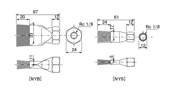 NYB · NYS 型（ナイロンブラシ）
 外形寸法図