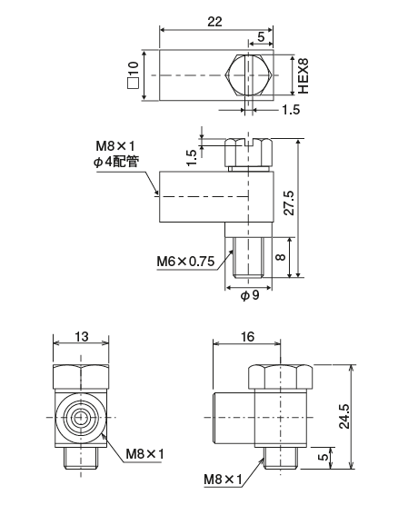 ZE-6B · ZE-8A 型（自在エルボ）
 外形寸法図